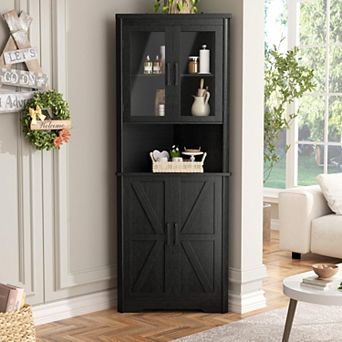 Vabches Farmhouse Corner Storage Cabinet with Glass Door, Tall Kitchen Bathroom Organizer