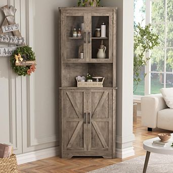 Vabches Farmhouse Corner Storage Cabinet with Glass Door, Tall Kitchen Bathroom Organizer