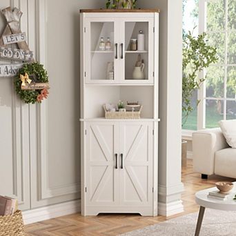 Vabches Farmhouse Corner Storage Cabinet with Glass Door, Tall Kitchen Bathroom Organizer