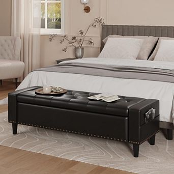Vabches Faux Leather Storage Bench, Tufted Bedroom Ottoman with Side Pockets