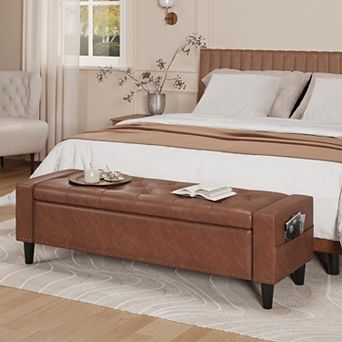 Vabches Faux Leather Storage Bench, Tufted Bedroom Ottoman with Side Pockets