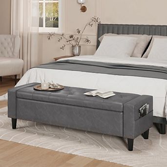 Vabches Faux Leather Storage Bench, Tufted Bedroom Ottoman with Side Pockets