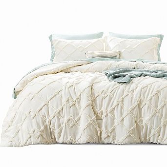 Boho Comforter Set King Size Ivory 3 pc Farmhouse Embroidery Bedding All Seasons