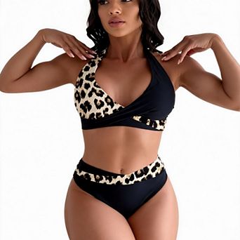 Hind Women's Halter Bikini Swimsuit, Leopard Color Block Crisscross Wrap Top with Wide Waistband
