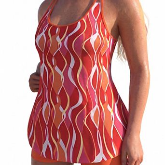 Hind Women's Tankini Swimsuit, Abstract Wavy Stripe Scoop Neck Longline Swimwear, Orange