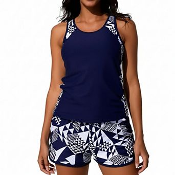 Hind Women's 2 pc Tankini Swimsuit with Scoop Neck Tank Top and Printed Swim Shorts, Navy Blue