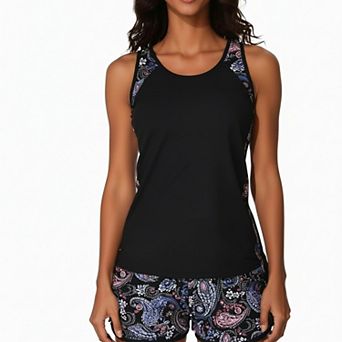 Hind Women's Tankini Swimsuit Set, Scoop Neck Swim Top with Paisley Print Swim Shorts, Black