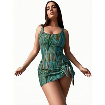 Hind Women's Abstract Print Swim Dress, Scoop Neck Side-Tie Wrap Skirt, Green