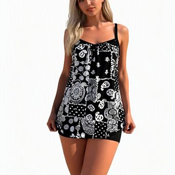 Hind Women's Geometric Print Tankini Swimsuit with Adjustable Straps, Black