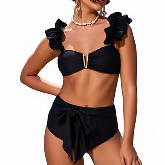 Hind Women's Ruffle-Shoulder Bikini Set with High-Waist Tie Detail, Black