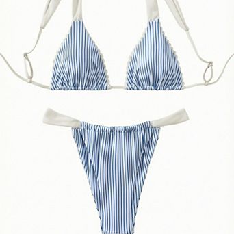 Hind Women's Striped Triangle Bikini Set with Contrast Straps, Blue and White