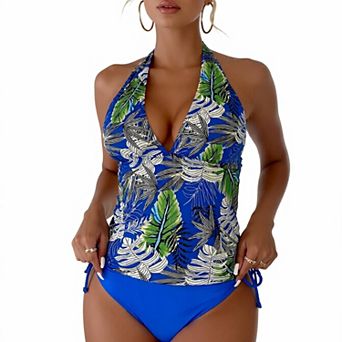 Hind Women's Halter Tankini Swimsuit with Tropical Leaf Print, Blue