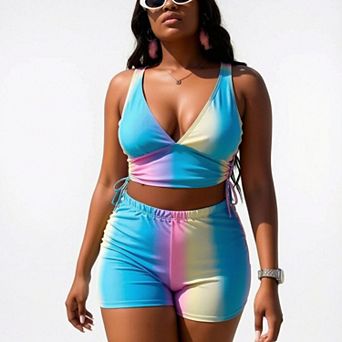 Hind Women's Tankini Swimsuit Set, V Neck Ruched Drawstring Swim Top with High Waisted Swim Shorts