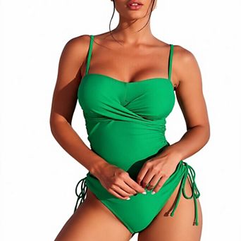 Hind Women's Ruched Tankini Swimsuit with Adjustable Side Ties, Green