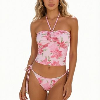 Hind Women's Tankini Swimsuit Set, Floral Halter Ruched Swim Top with Tie-Side Bikini Bottom, Pink
