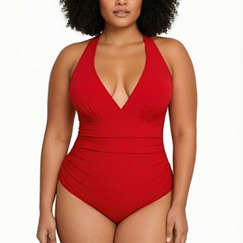 Hind Women's One Piece Swimsuit, Plunge V Neck Halter Ruched Bathing Suit, Red