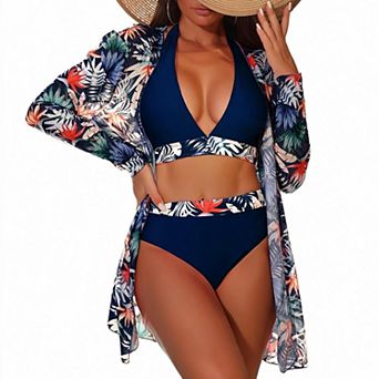 Hind Women's Halter Bikini Swimsuit with Tropical Print Cover-Up, Navy
