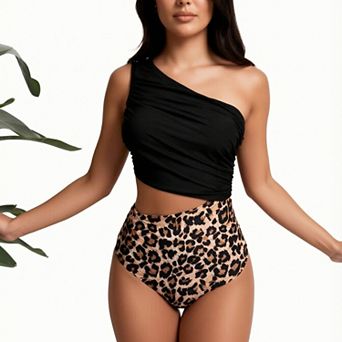 Hind Women's Bikini Set, One-Shoulder Ruched Crop Top with High-Waisted Leopard Print Bottom