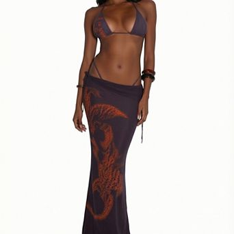 Hind Women's Bikini Set with Halter Triangle Top, String Bottom and Ruched Maxi Cover-Up Skirt