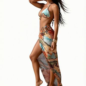 Hind Women's Bikini Set with Sarong Cover-Up, Halter Triangle Swim Top and Tie-Side Bikini Bottom