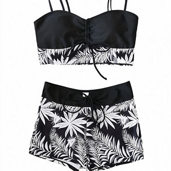 Hind Women's Tankini Swimsuit with Ruched Drawstrings, Black Tropical Print