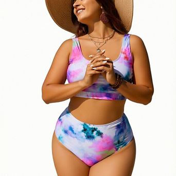 Hind Women's Bikini Set, Scoop Neck Crop Swim Top with High Waisted Bikini Bottom