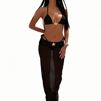 Hind Women's 3 pc Bikini Set, Halter Triangle Top and String Bottom with Sheer Cover-Up Pants