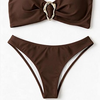 Hind Women's Bandeau Bikini Swimsuit with Gold-Tone Ring Accent, Brown