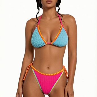 Hind Women's Bikini Set, Halter Triangle Swim Top with Tie-Side Bikini Bottom and Contrast Trim