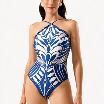 Hind Women's Botanical Print Swimsuit with Adjustable Straps, Navy and White