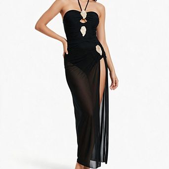 Hind Women's Halter Swimsuit with Sheer Side-Slit Skirt, Black