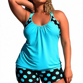 Hind Women's Tankini Swimsuit with Polka Dot Boyshorts, Aqua and Black