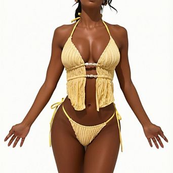 Hind Women's Bikini Set, Halter Cutout Longline Swim Top with Pearl Accents and Tie-Side Bottom