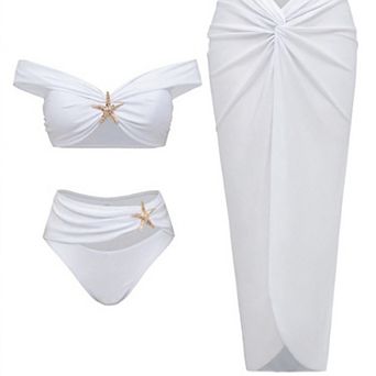 Hind Women's 3 pc Bikini Set, Off Shoulder Ruched Top, High Waisted Bottom and Sarong Cover-Up