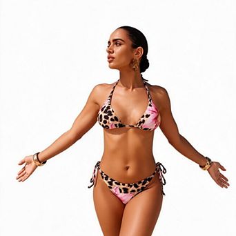 Hind Women's Halter Bikini Swimsuit with Side Ties, Leopard Floral Print