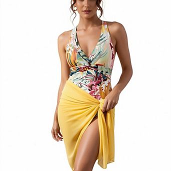 Hind Women's Tropical Print Plunge Swimsuit with Yellow Wrap Sarong