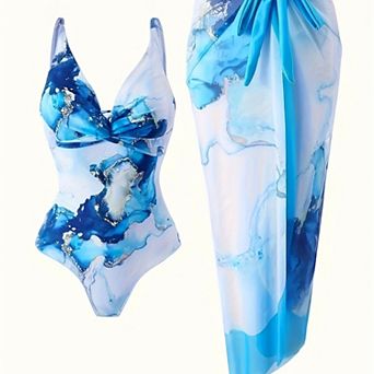 Hind Women's Abstract Print V-Neck Swimsuit with Wrap Sarong, Blue