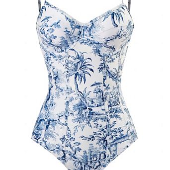 Hind Women's Toile Print Swimsuit with Wrap Cover-Up Skirt, Blue and White
