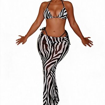 Hind Women's 3 pc Zebra Print Bikini Set, Triangle Halter Swimsuit with Sheer Maxi Cover-Up Skirt