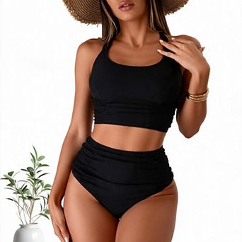 Hind Women's 2 pc Swimsuit, Scoop Neck Longline Swim Top with High-Waisted Ruched Bottoms, Black