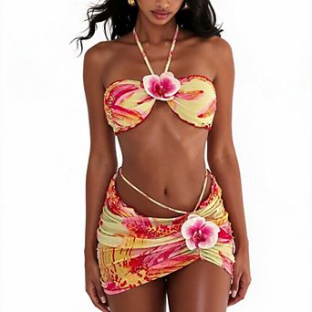 Hind Women's 3 pc Bikini Swimsuit, Halter Bandeau Top and String Bottom with Floral Sarong