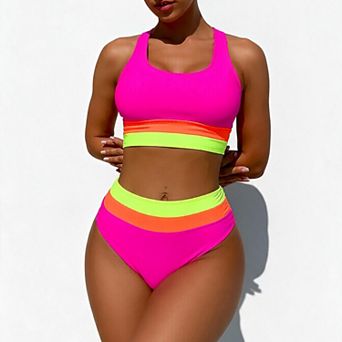 Hind Women's Colorblock Racerback Bikini Swimsuit, Pink, Orange and Green