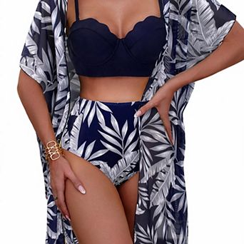 Hind Women's Scalloped Bikini Swimsuit with Leaf Print Cover-Up, Navy