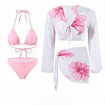 Hind Women's 4 pc Bikini Set with Long Sleeve Tie-Front Top and Sarong Cover Up, Pink Floral