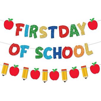 Pre-Strung First Day of School Banner, Pencil & Apple Glitter Classroom Garland Decoration