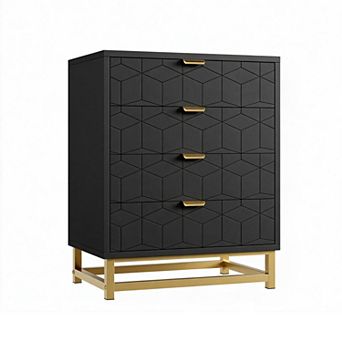 Black 4-Drawer Dresser - Modern Design, Gold Handles, for Living Room & Hallway