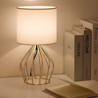 Gold Geometric Wire Table Lamp with White Fabric Drum Shade Product Brief Introduction