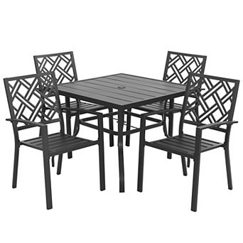 Patio 5 pc Dining Set with Umbrella Hole and 4 Stackable Chairs