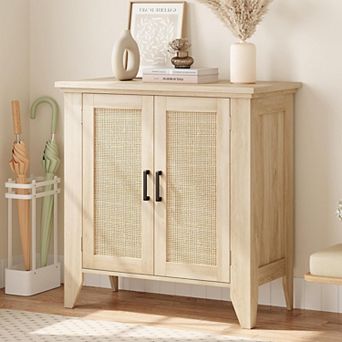 Rattan Small Sideboard 2 Doors Boho Credenza Media Console Storage for Living Room Entryway Kitchen