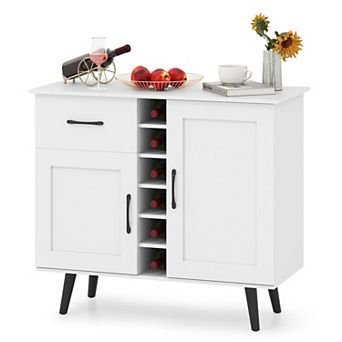Wine Bar Cabinet Buffet Sideboard with 2 Doors 1 Drawer 6-Bottle Rack Adjustable Shelves Kitchen